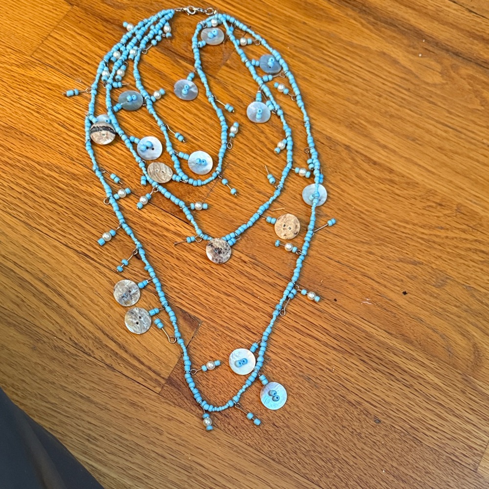 Blue Beaded Necklace with Silver Accents mother of pearl